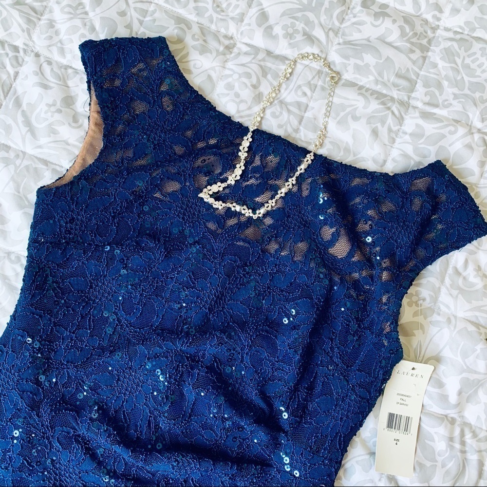 Lauren Ralph Lauren Dress Sequin Sparkle Lace Blue Size 4 NWT - Picture 9 of 9